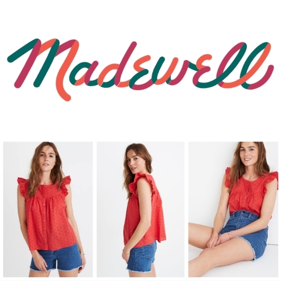 🍒 Madewell Red Eyelet Ruffle-Sleeve Bib Top . Size XXS - Picture 1 of 16